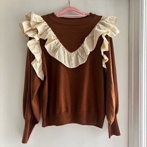 CROSBY by Mollie Burch Brown Sweater with Cream Ruffle Accent